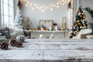 ai generado de madera mesa con Navidad árbol en antecedentes foto