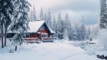AI generated Cabin in the woods covered in snow. Generative AI photo