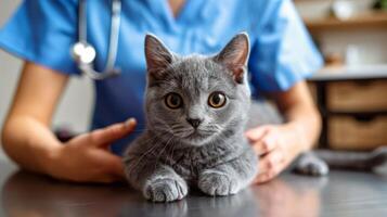 ai generado gris gato sentado en mesa foto