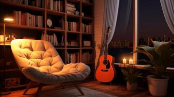 AI generated Cozy reading corner with a lofi music backdrop. Generative AI photo