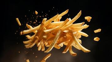 AI generated Crisp french fries launched into the air. Generative AI photo