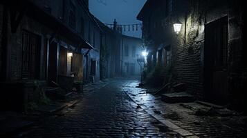 AI generated Cobblestone street at night with a light on. Generative AI photo