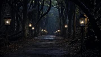 ai generado camino en el medio de un bosque a noche. generativo ai foto