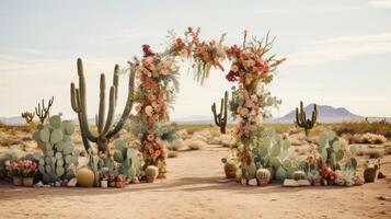 AI generated Desert wedding with arid landscape and cacti. Generative AI photo