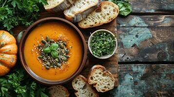 AI generated Bowl of Carrot Soup With Toast and Parsley photo