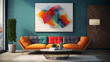 AI generated Cozy living room with stylish couch and eye catching painting. Generative AI photo
