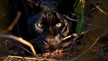 ai generado misterioso negro gato con perforación amarillo ojos. generativo ai foto