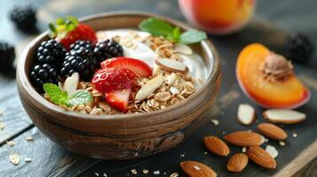 AI generated Nutritious Bowl of Yogurt With Fruit and Nuts photo