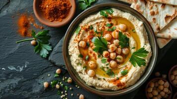 AI generated Bowl of Hummus With Pita Bread and Spices photo