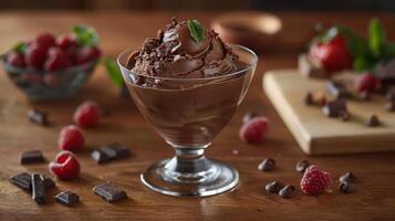 AI generated Glass of Chocolate Ice Cream With Chocolate Pieces photo