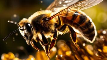 ai generado extremo hiperzoom de volador abeja. generativo ai foto