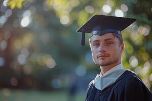 ai generado graduarse hombre en gorra y vestido foto