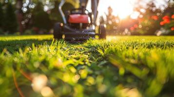 AI generated Man Mowing Grass With Lawnmower photo