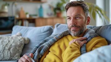 AI generated Man Sitting on Couch in Living Room photo