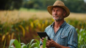 AI generated Man Holding Tablet in Corn Field photo