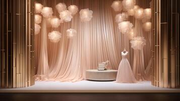 AI generated Wedding dress and dress on display in front of a curtain. Generative AI photo