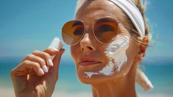 ai generado mujer en sombrero y Gafas de sol en playa foto