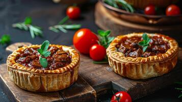 AI generated Two Small Pies on Wooden Cutting Board photo