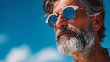 ai generado elegante hombre con blanco barba en Gafas de sol foto