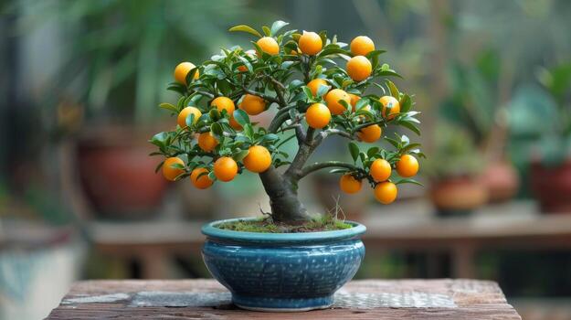 AI generated Small Orange Tree in Pot on Table photo