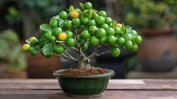 AI generated Bonsai Tree in Green Pot on Wooden Table photo