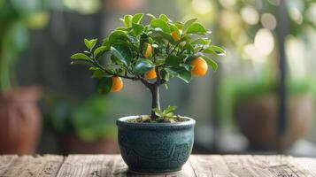 AI generated Small Orange Tree in Pot on Table photo