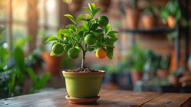 AI generated Small Orange Tree in Pot on Table photo