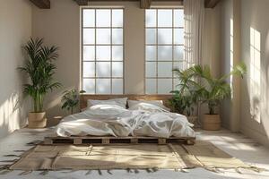 AI generated Bedroom With Wooden Pallets Bed photo