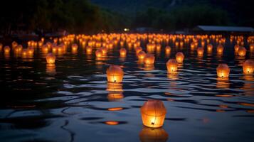 AI generated Glowing lanterns floating on a calm river. Generative AI photo