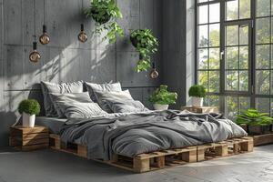 AI generated Wooden Pallet Bed in Bedroom photo