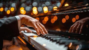 ai generado persona jugando piano en oscuro habitación foto