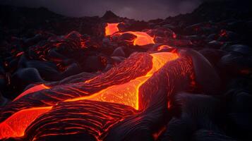ai generado brillante lava fluye en un volcánico erupción. generativo ai foto