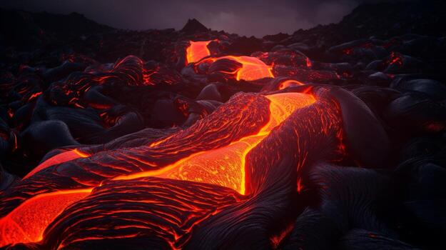 AI generated Glowing lava flows in a volcanic eruption. Generative AI photo