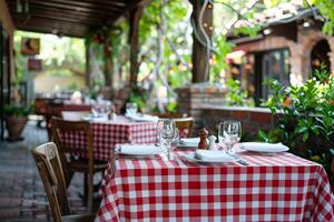 ai generado rojo y blanco a cuadros Manteles en restaurante patio foto