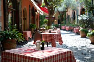 AI generated Red and White Checkered Tablecloth on Patio photo