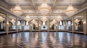 AI generated Hotel ballroom wedding with crystal chandeliers. Generative AI photo
