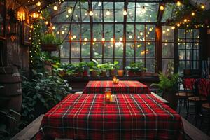 AI generated Red and White Checkered Tablecloth on Restaurant Patio photo