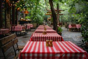 ai generado rojo y blanco a cuadros Manteles en restaurante patio foto