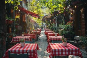 AI generated Red and White Checkered Tablecloth on Patio photo