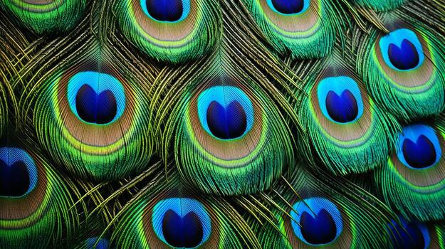 AI generated Hyper zoom into the detail of a peacock's feather. Generative AI photo