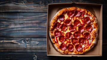 ai generado pepperoni Pizza en caja en de madera mesa foto