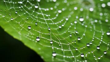 AI generated Hyper zoom shot of a spiderweb covered in morning dew. Generative AI photo