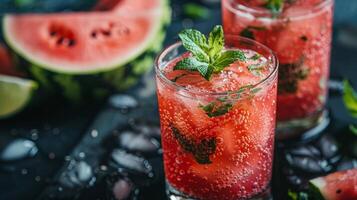 AI generated Refreshing Watermelon Mint Drink Close-Up photo