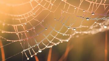 AI generated Hyper zoom shot of a dewy spiderweb in the morning. Generative AI photo