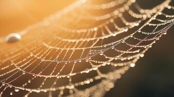 AI generated Hyper zoom shot of a dewy spiderweb in the morning. Generative AI photo