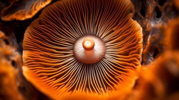 AI generated Hypnotic hyper zoom into the texture of a mushroom. Generative AI photo