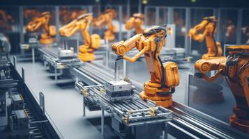AI generated Industrial assembly line with automated robots. Generative AI photo