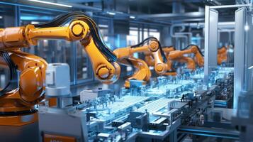 AI generated Industrial manufacturing line with automated robots. Generative AI photo