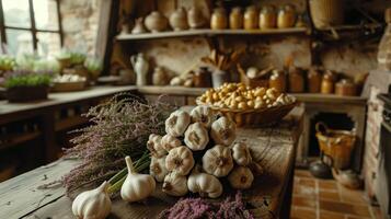 AI generated Bowl of Garlic on Wooden Table photo