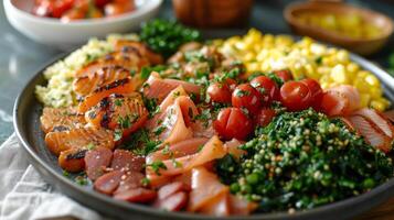 AI generated Plate of Meat, Vegetables, and Corn on Table photo